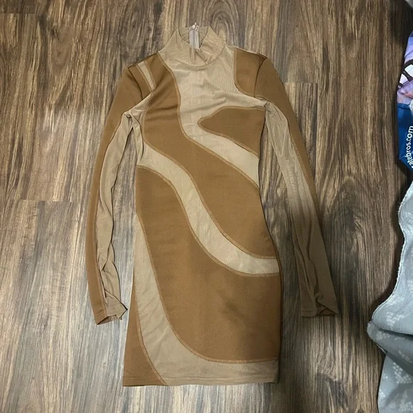 PrettyLittleThing | Dresses | Brown Mesh Swirl Panelled Detail Long Sleeve  Bodycon Dress | Poshmark